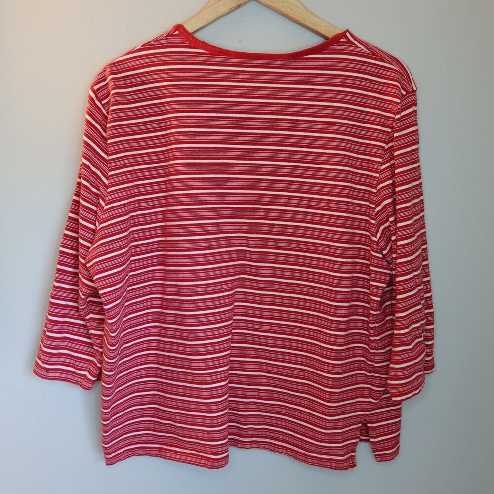Victoria Jones Striped 3/4 Sleeve Top Womens 1X Red Crew Neck Side Slits Stretch - Picture 7 of 7